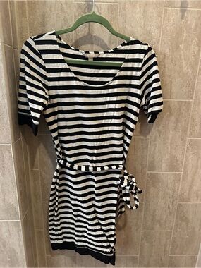 Black and White Striped Women’s Tee Shirt Dress with Tie Belt